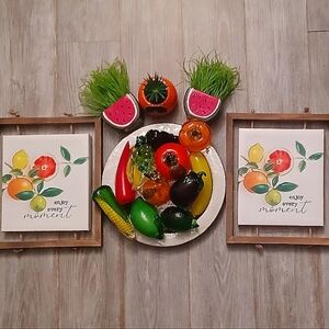 Vintage Murano style glass fruits/veg with plants and hanging pictures 16 items